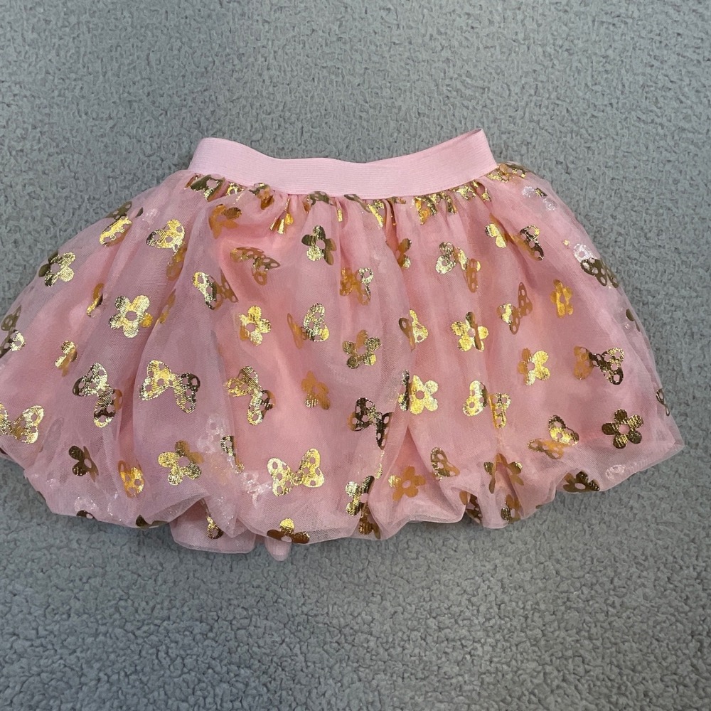 Disney Minnie Mouse Tutu Skirt Kids 3T Pink Excellent Gold Foil Bows Bubble Hem‎